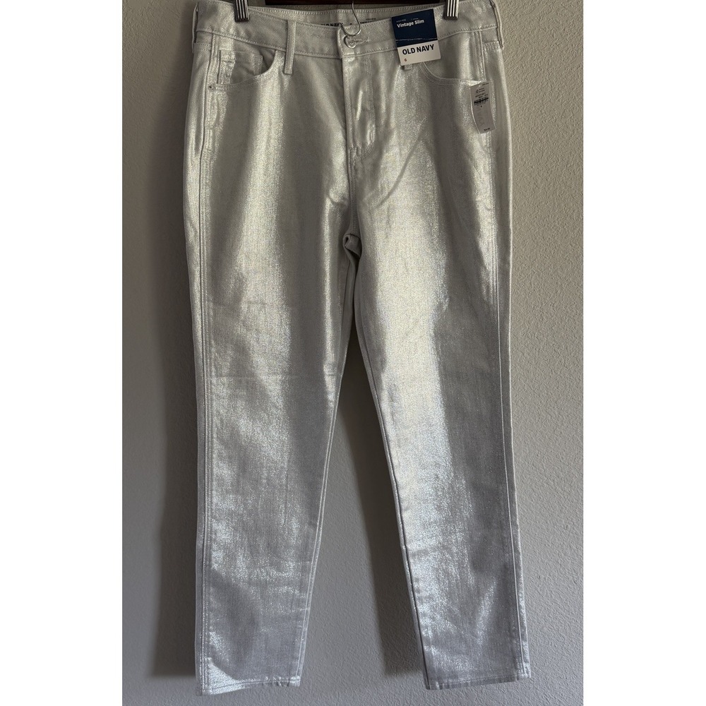 Old Navy Jeans Women's Sz 6 Silver High Rise Vintage Slim Silver Shine Stretch